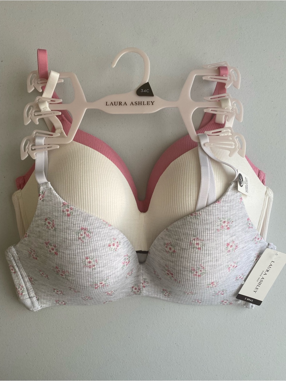 Laura Ashley Light Gray Floral, Cream, and Pink T-Shirt Bra Set
